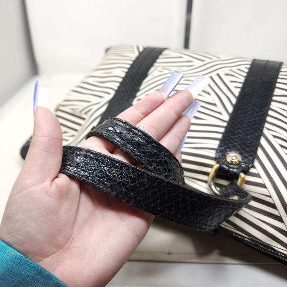 Henri Bendel Laptop Bag Disturbed Stripe Brown Black Canvas Leather Briefcase - Picture 15 of 16